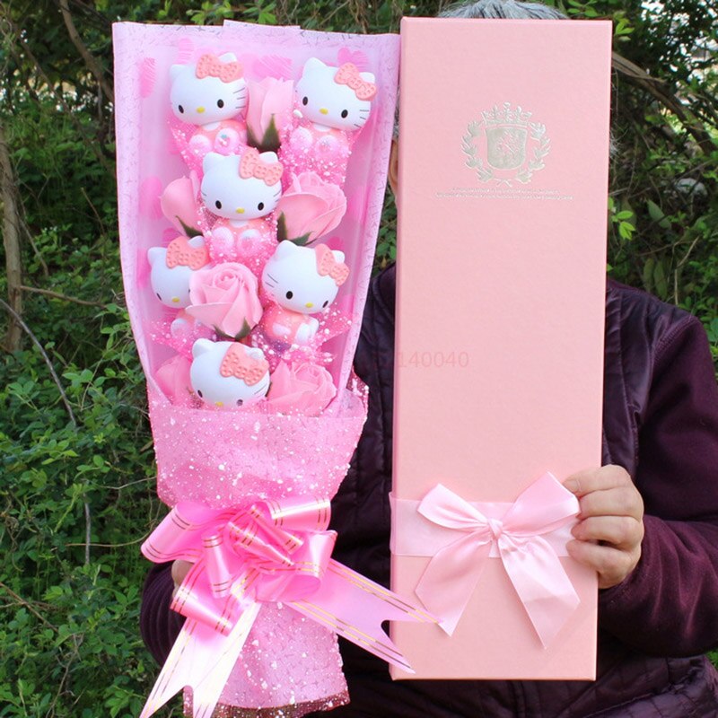 Hello Kitty Bouquet Plush Stuffed Doll Kawaii Soap Flower Gift Box Rose Flower