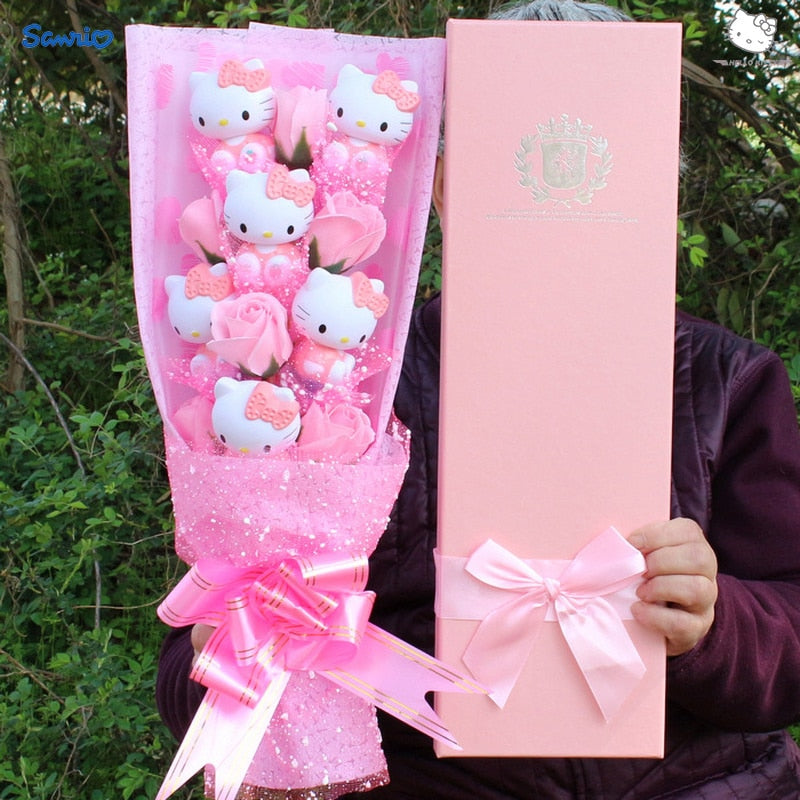Hello Kitty Bouquet Plush Stuffed Doll Kawaii Soap Flower Gift Box Rose Flower