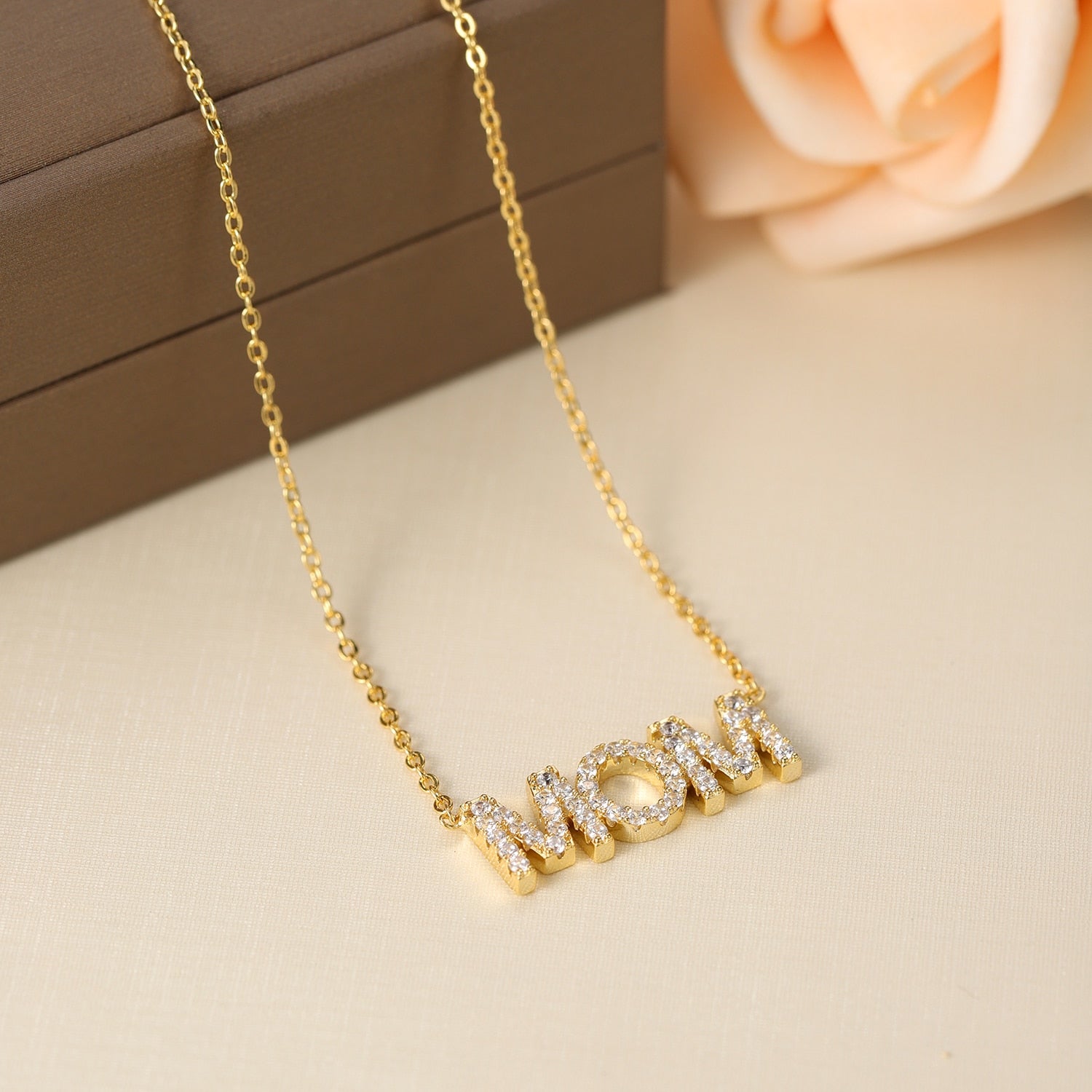 Gold Mom Rhinestone Necklace